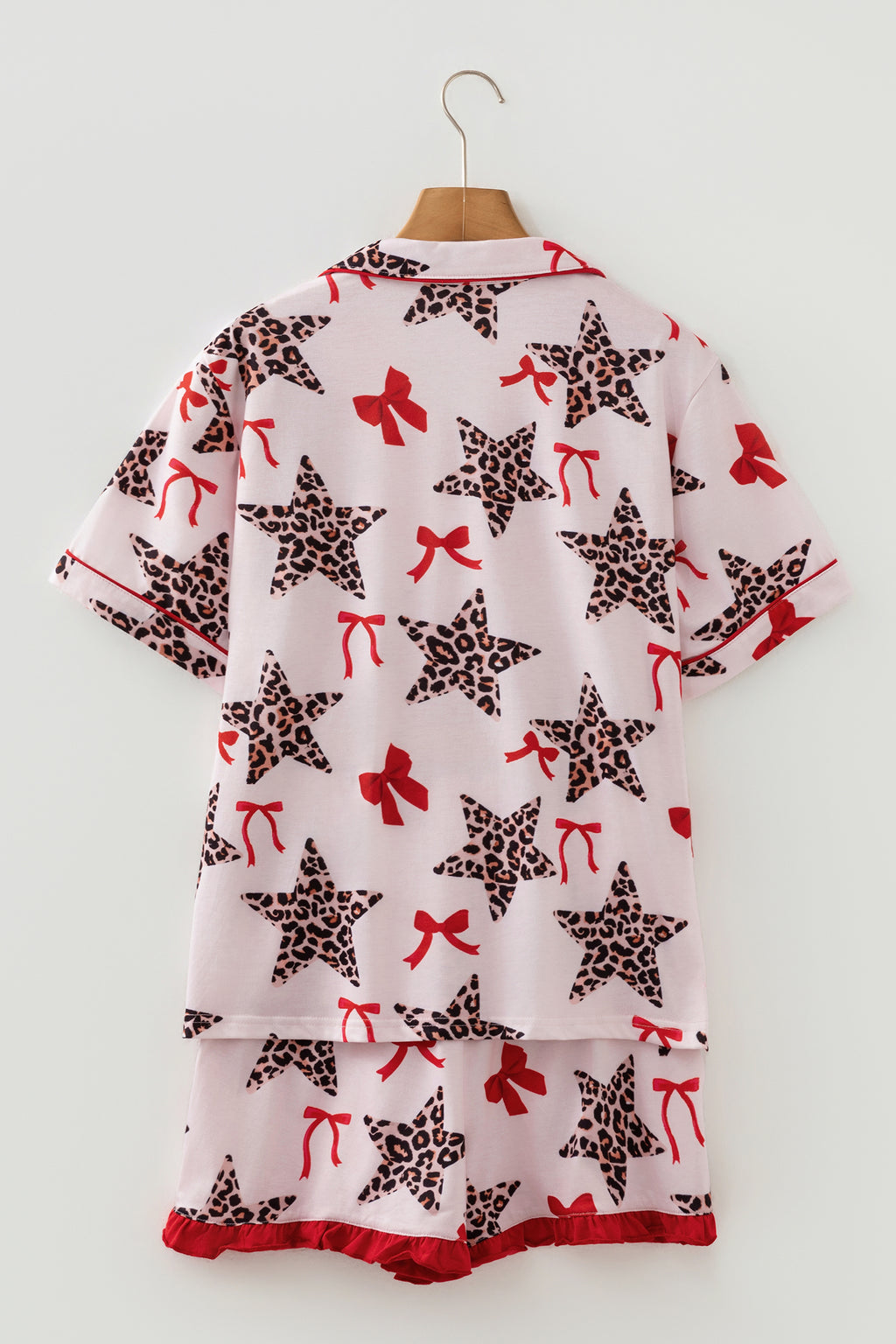 White Leopard Star Ribbon Bow Print Contrast Trim Short Pyjama Set