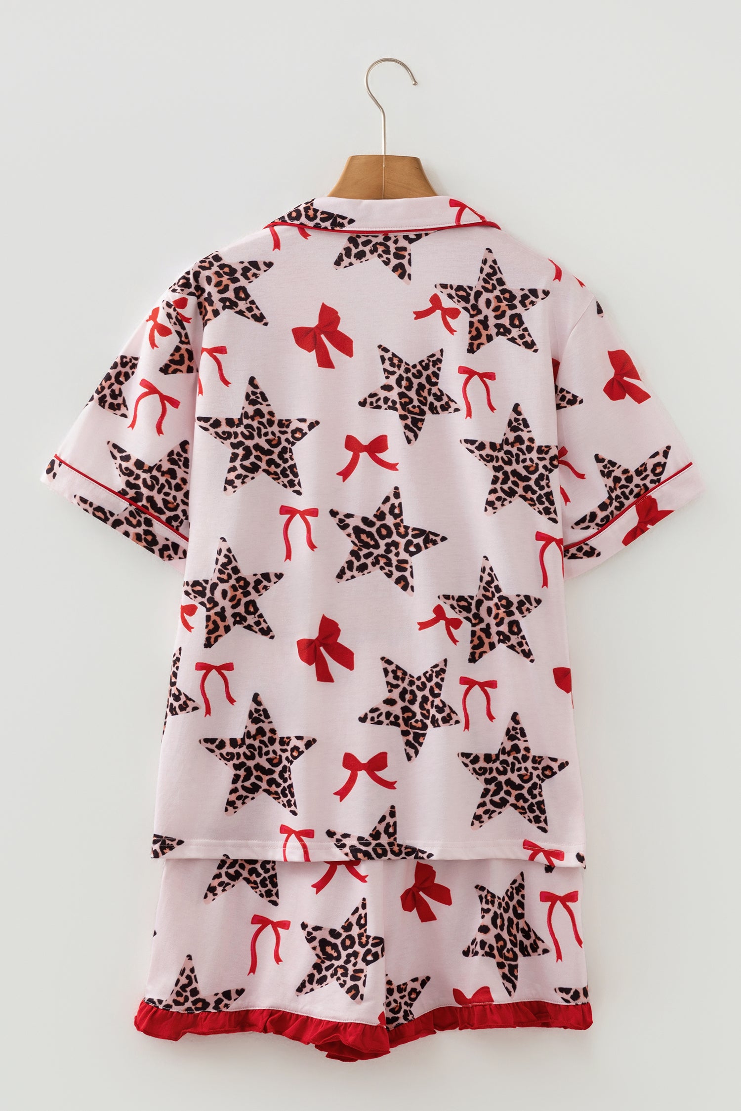 White Leopard Star Ribbon Bow Print Contrast Trim Short Pyjama Set