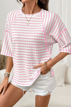 Striped Textured Knit Split Hem Half Sleeve Loose Top