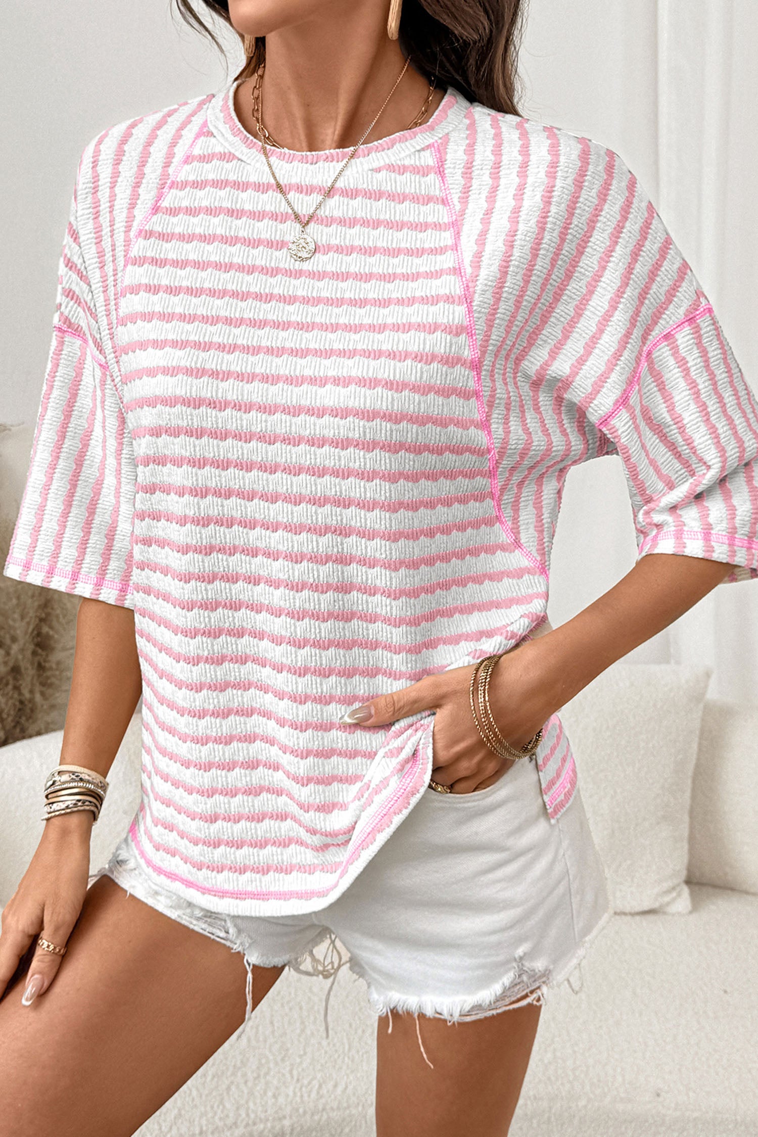 Striped Textured Knit Split Hem Half Sleeve Loose Top