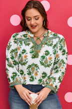 Green Plus Size Floral Printed Contrast Patchwork Detail Tassel Tie 3/4 Sleeve Blouse