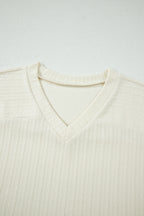 Beige Twisted Texture Knit V Neck T Shirt