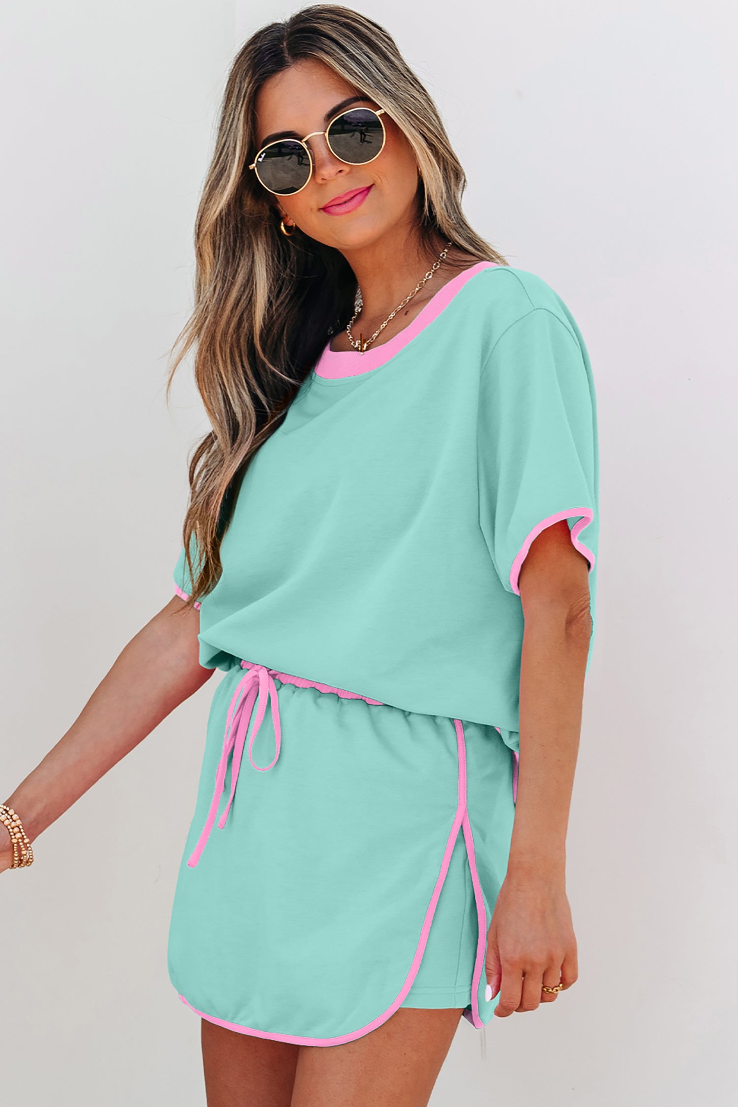 Color Block Edge Drop Shoulder T Shirt and Skort 2Pcs Set