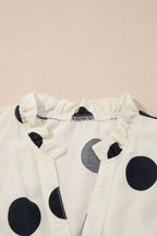 Apricot Casual Polka Dot V-Neck Ruffle Short Sleeve Shift Blouse