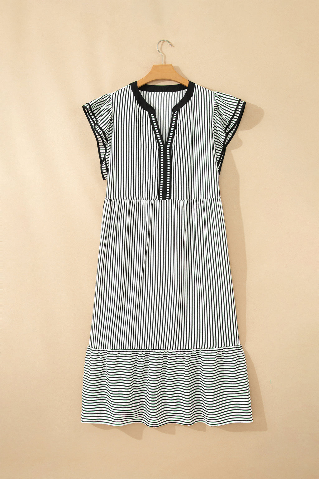 Striped Plus Size Slit V Neck Tiered Flutter Sleeve Maxi Dress