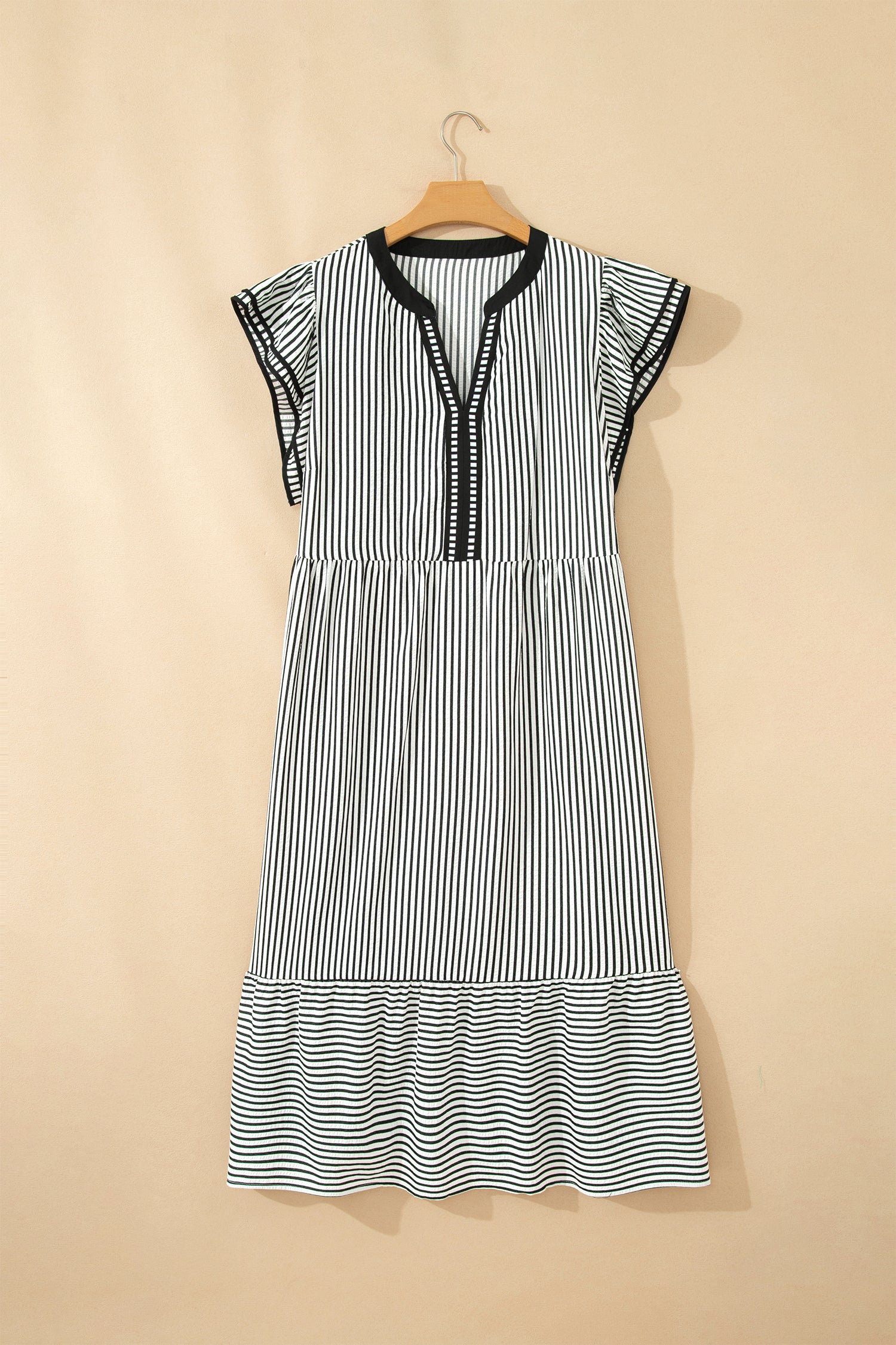 Striped Plus Size Slit V Neck Tiered Flutter Sleeve Maxi Dress