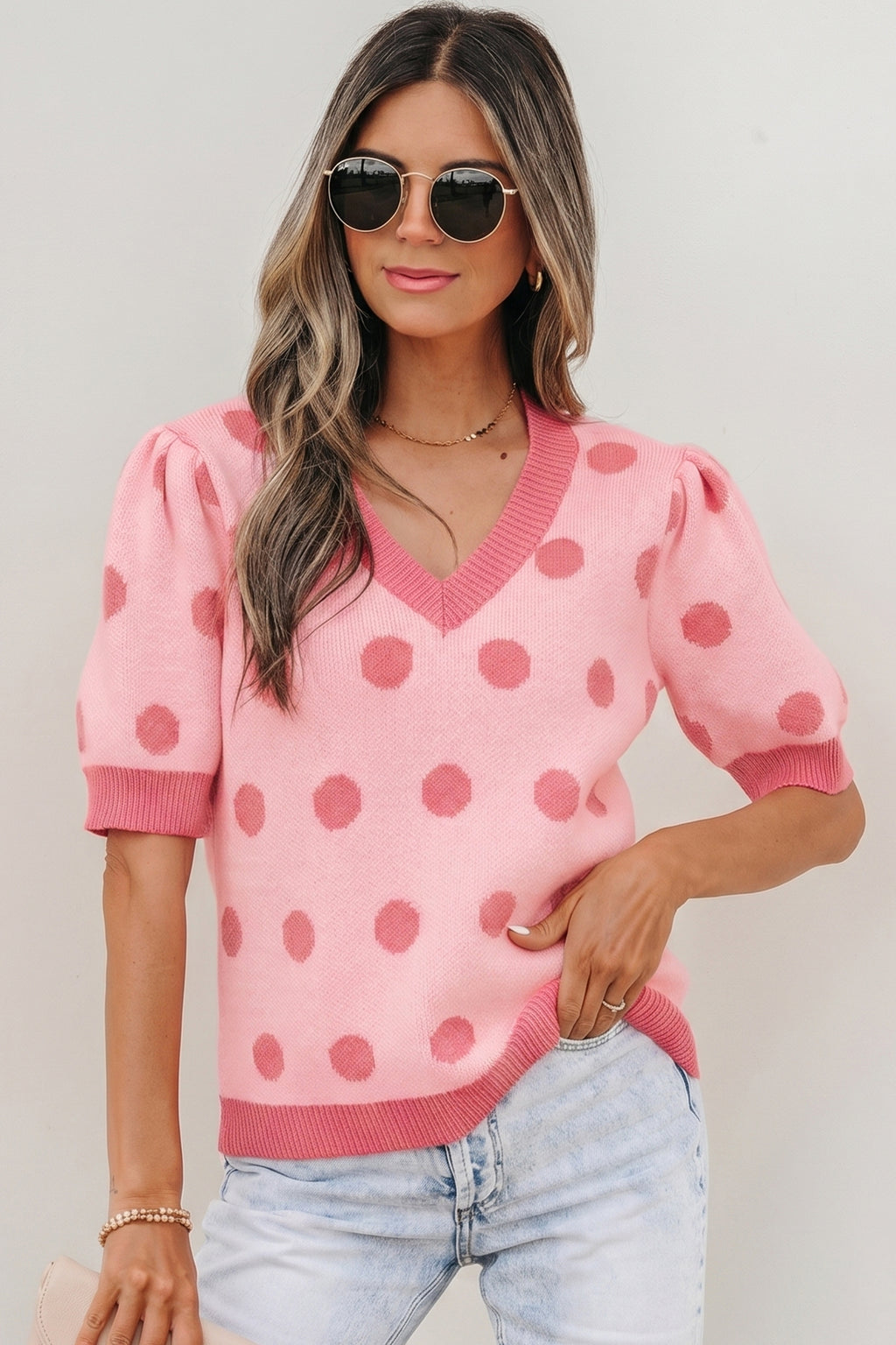 Polka Dot Puff Short Sleeve Sweater Top