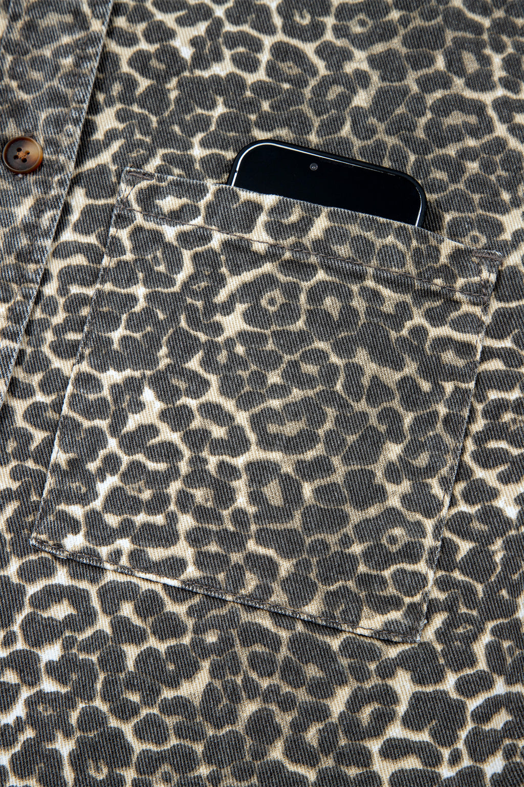 Grey Vintage Leopard Print Short Sleeve Loose Cotton Denim Shirt