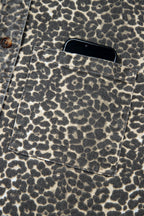 Grey Vintage Leopard Print Short Sleeve Loose Cotton Denim Shirt