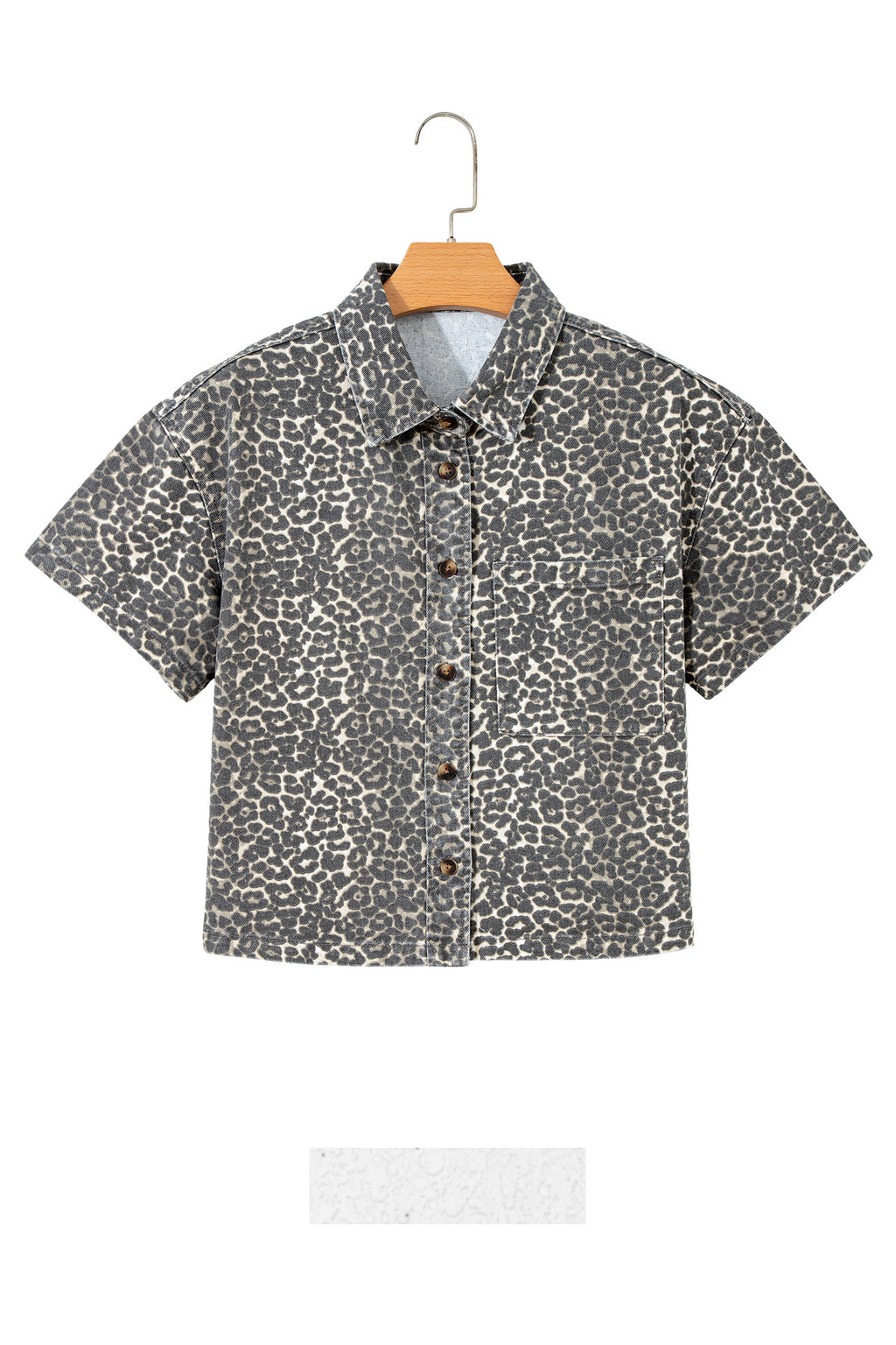 Grey Vintage Leopard Print Short Sleeve Loose Cotton Denim Shirt