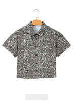 Grey Vintage Leopard Print Short Sleeve Loose Cotton Denim Shirt