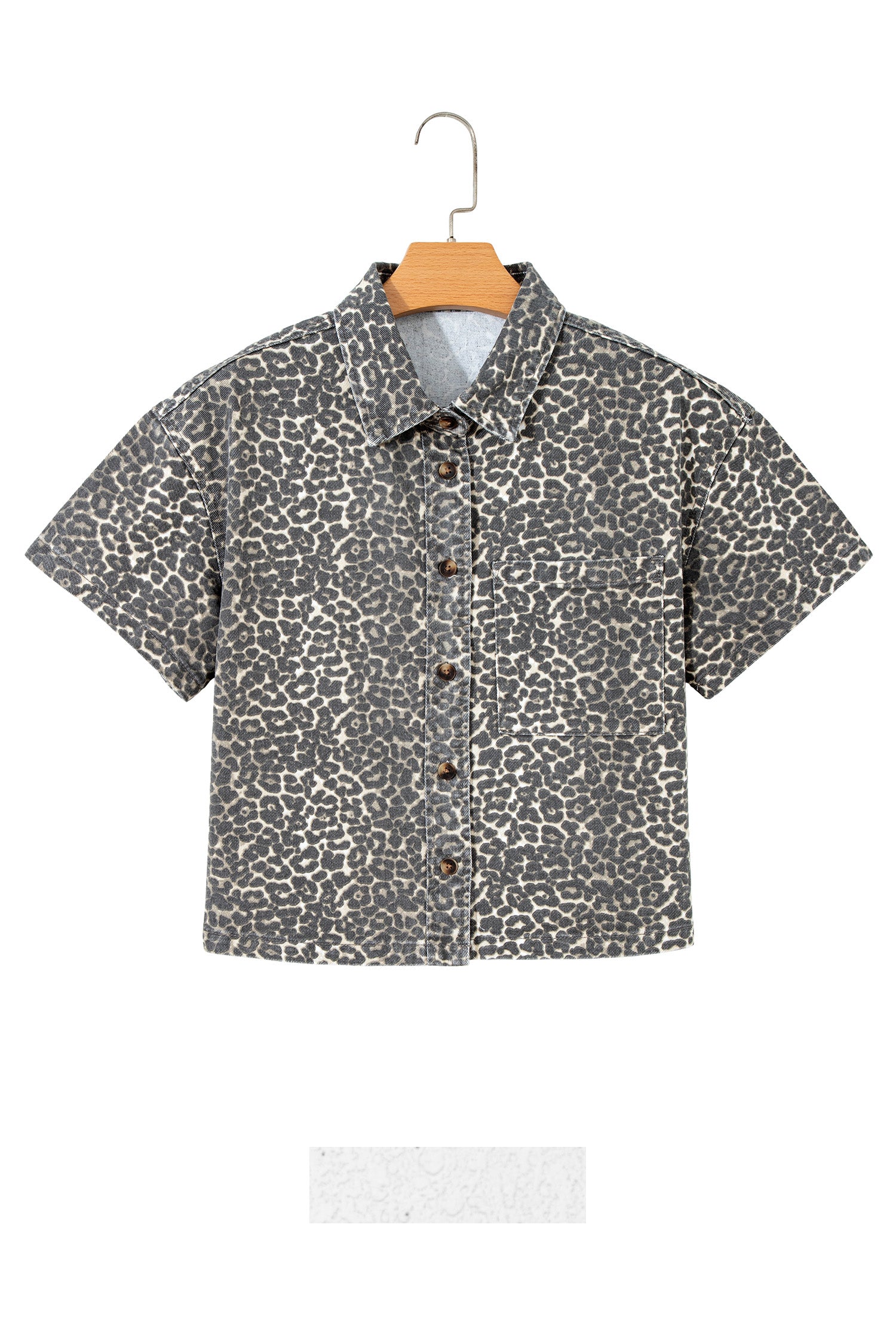 Grey Vintage Leopard Print Short Sleeve Loose Cotton Denim Shirt