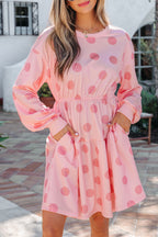 Polka Dot Printed Long Sleeve Flared Mini Dress