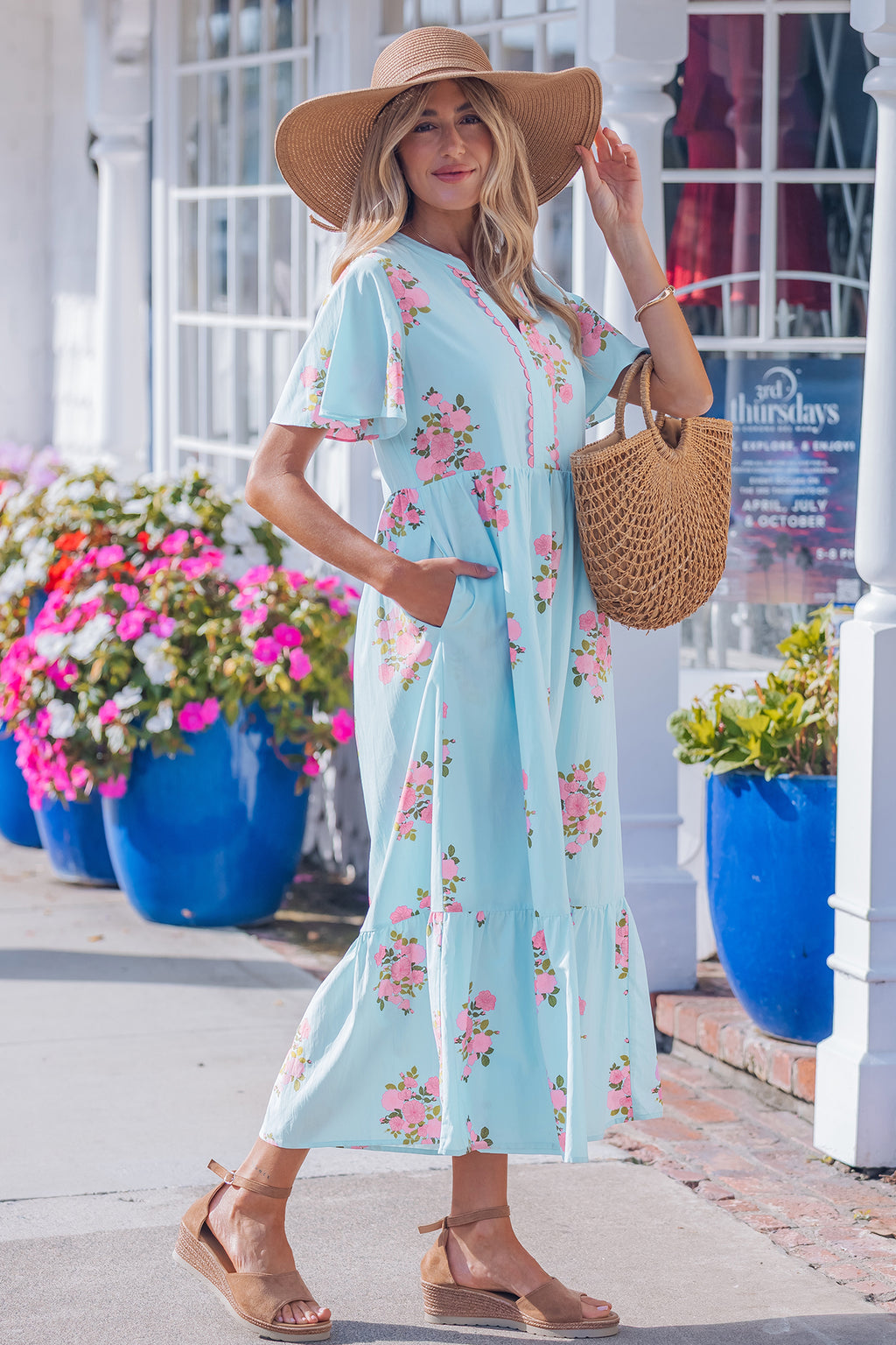 Notched Neck Flutter Short Sleeve Floral Print Maxi Dress