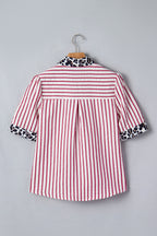 Red Stripe Leopard Contrast Trim Half Button Blouse