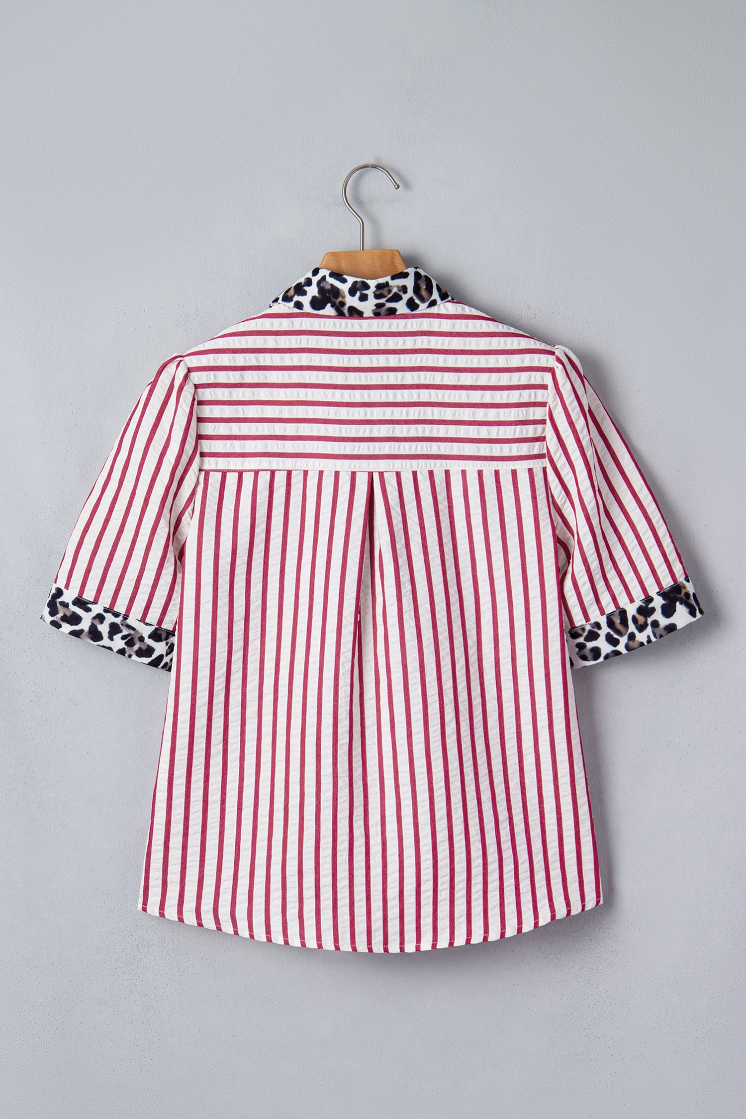 Red Stripe Leopard Contrast Trim Half Button Blouse