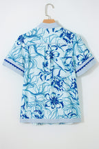Sky Blue Ricrac Trim Slit V Neck Short Sleeve Floral Blouse
