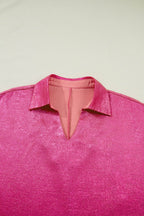 Strawberry Pink Collared V Neck Half Sleeve Metallic Top