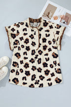 Khaki Plus Size Leopard Print Frilled Color Block Trim Button Down Short Sleeve Blouse