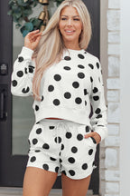Polka Dot Print Drop Shoulder Pullover Drawstring Shorts Set