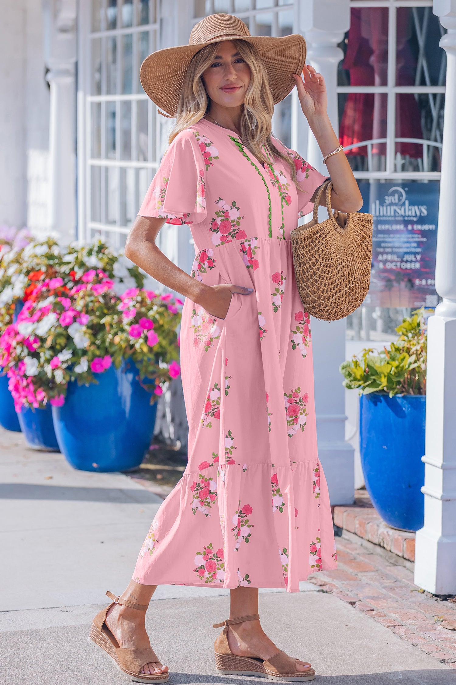 Notched Neck Flutter Short Sleeve Floral Print Maxi Dress