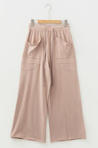 Smoke Gray Solid Color Mineral Wash Piping Trim Pocketed Wide Leg Pants