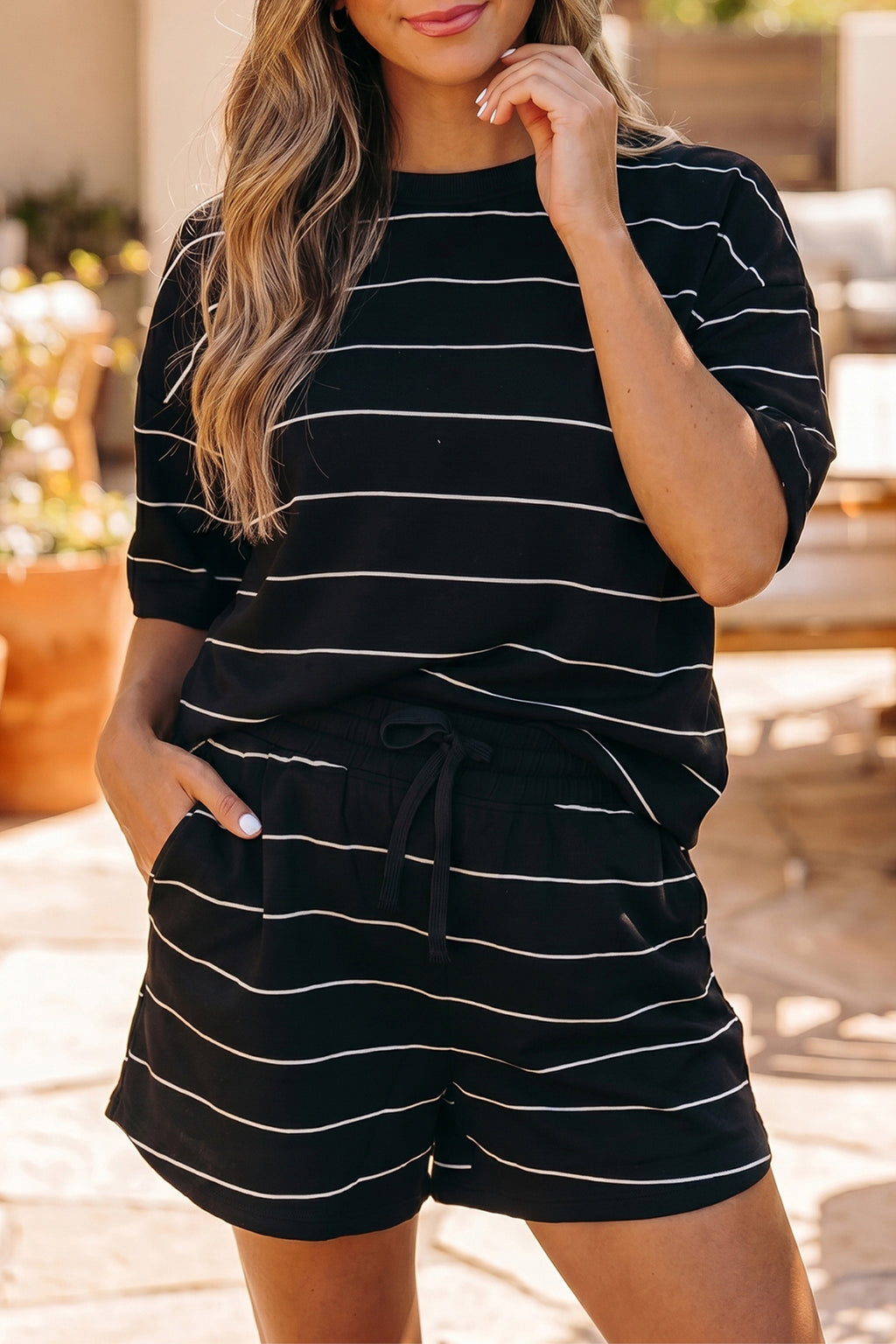 Striped Half Sleeve Tee Drawstring Shorts 2pcs Set