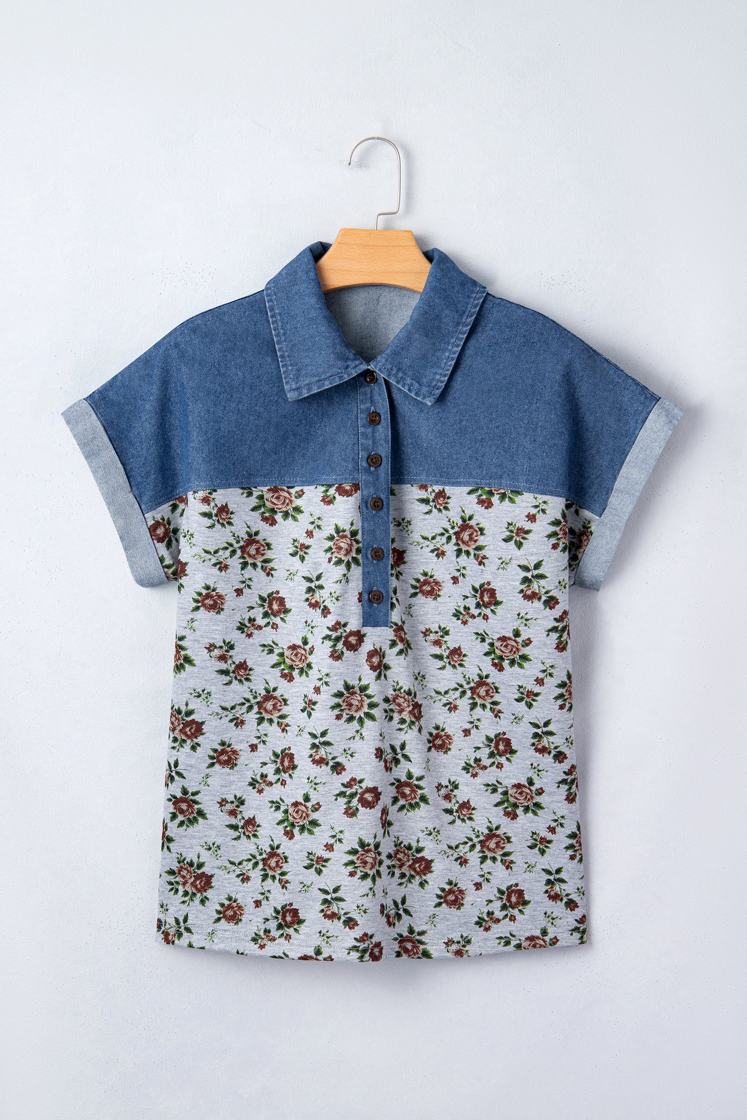 Grey Retro Floral Print Denim Patchwork Buttoned Polo Collar Top