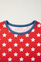 Red Stars Print Colorblock Binding Tape Collar Cuff Viscose Tunic Top