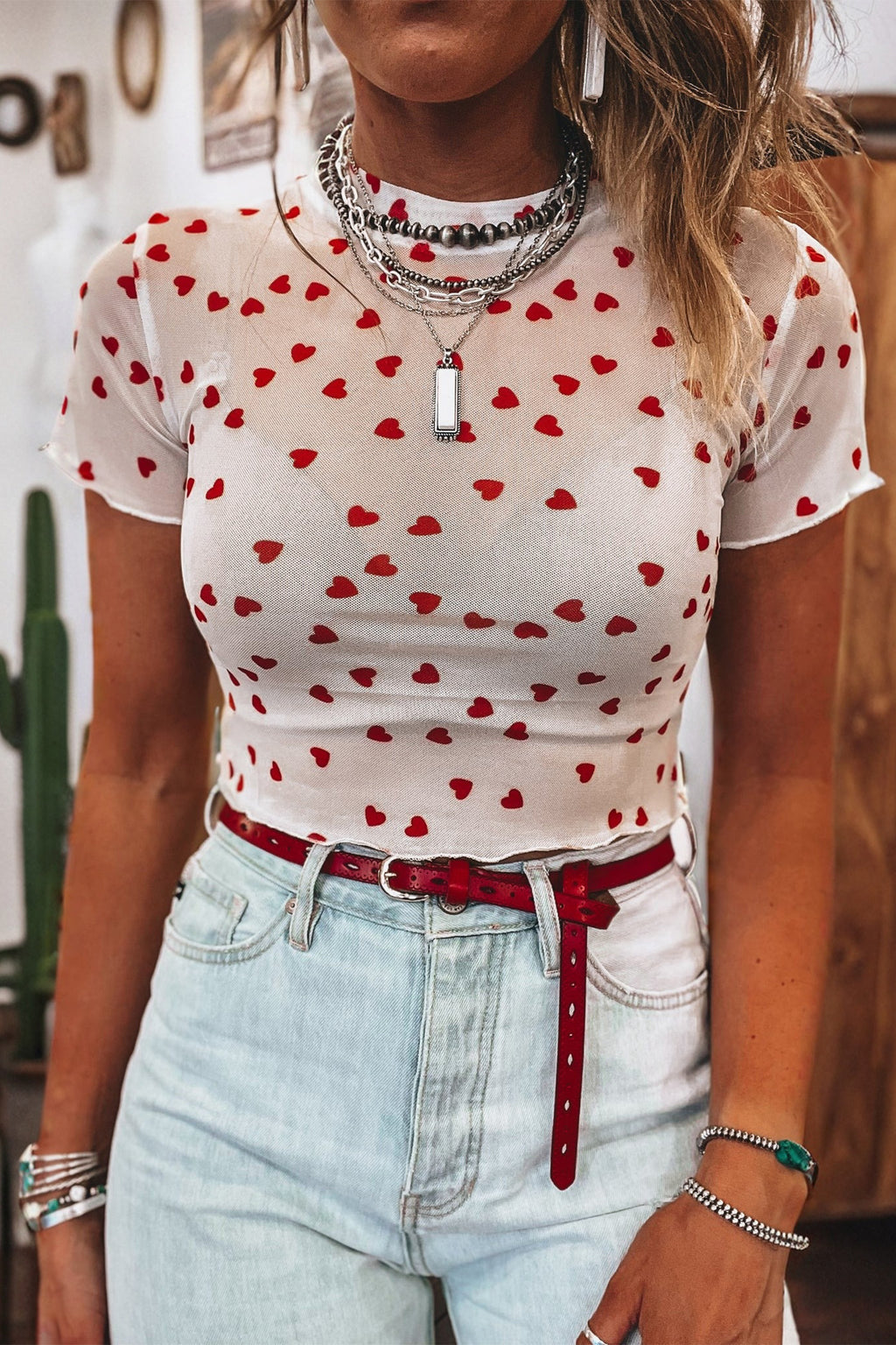 Allover Heart Print Mesh Short Sleeve Top