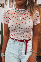 Allover Heart Print Mesh Short Sleeve Top