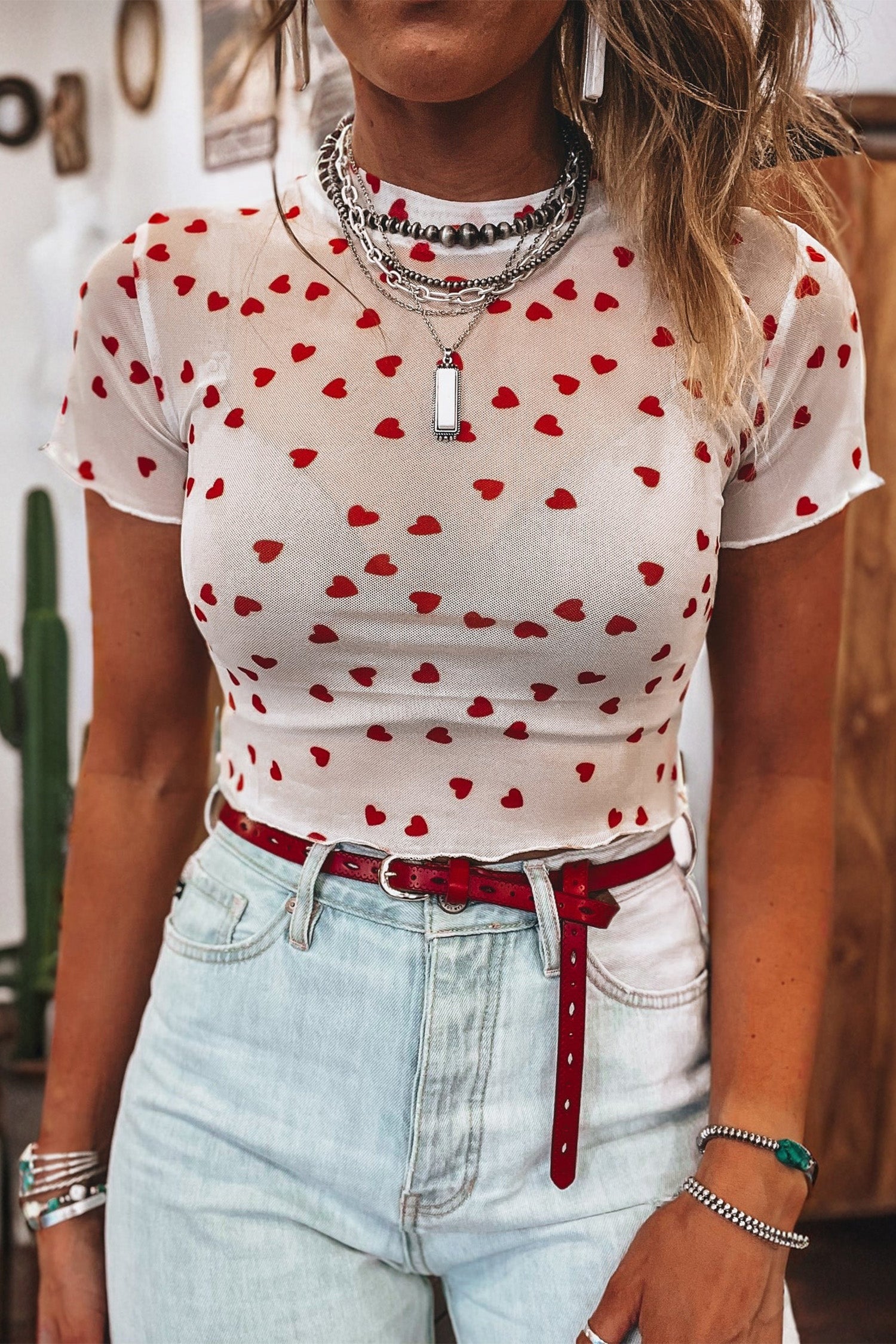 Allover Heart Print Mesh Short Sleeve Top