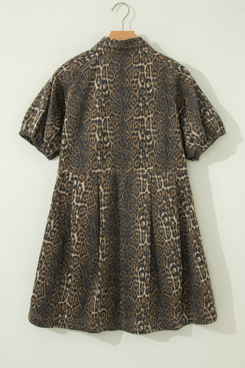 Grey Leopard Print Short Sleeve Pleated Denim Mini Dress