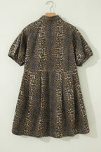 Grey Leopard Print Short Sleeve Pleated Denim Mini Dress