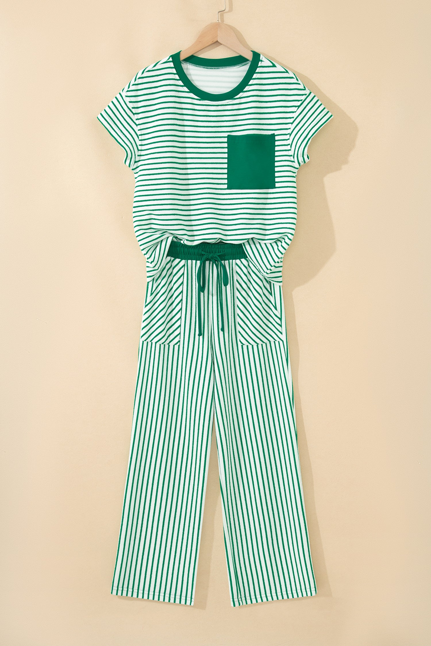 Striped Crew Neck Tee Drawstring Waist Cropped Pants Set