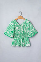Green Flirty Floral Smocked V Neck Blouse