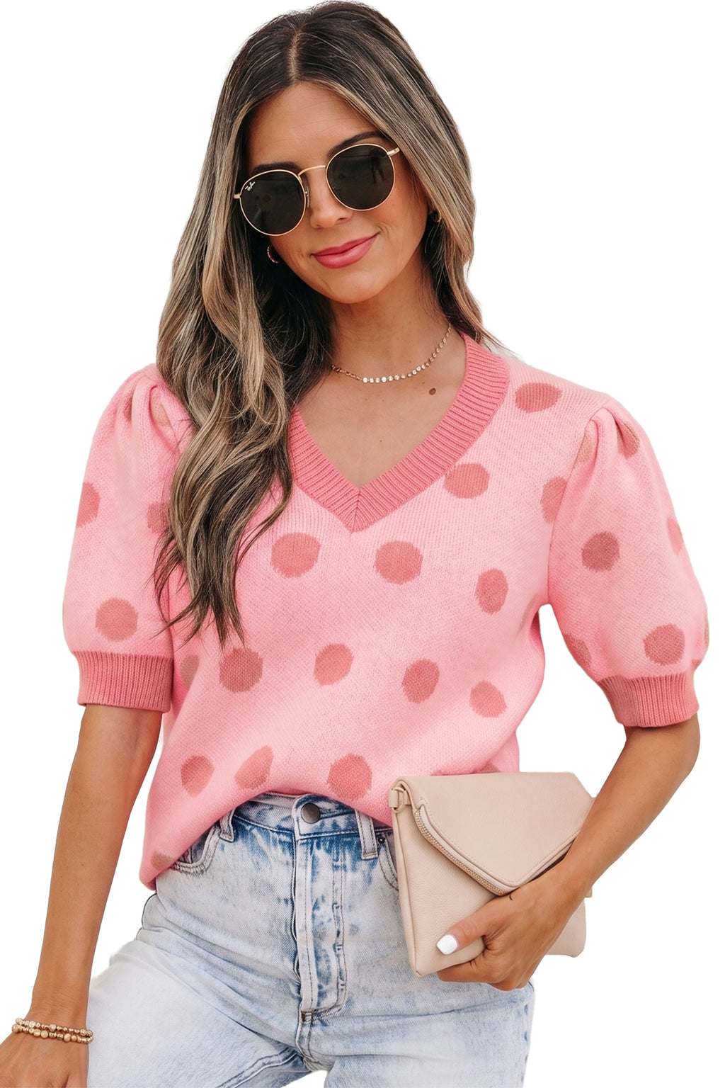 Polka Dot Puff Short Sleeve Sweater Top