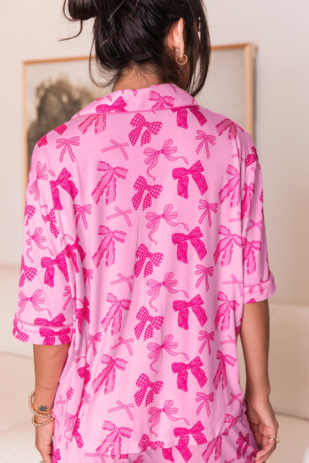 Pink Bow Print Half Sleeve Shirt and Shorts Pyjamas Set