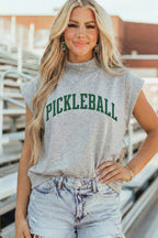 Light Grey PICKLEBALL Lettering Mock Neck Short Sleeve Top