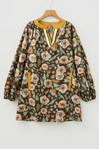 Brown Floral Print Contrast Trim V Neck Pocketed Long Sleeve Mini Dress