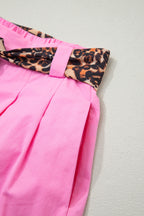 Leopard Contrast Sash Belt Pleated Wide Leg Shorts