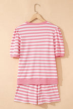 Striped Puff Short Sleeve T Shirt Matching Shorts Set