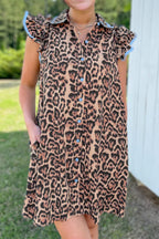 Khaki Leopard Print Lace Trim Shirt Collar Button Down Loose Mini Dress