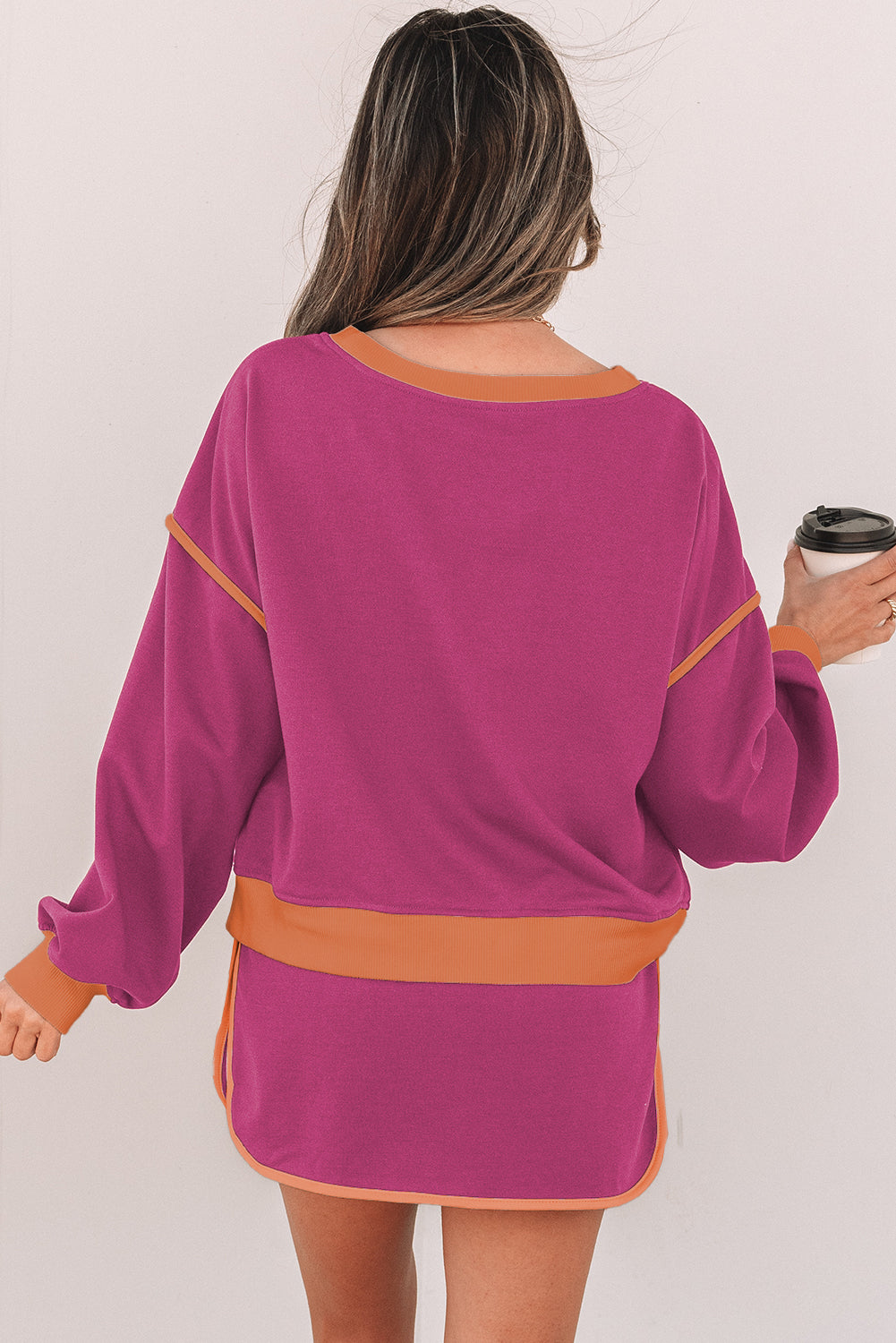 Color Contrast Loose Pullover and Lace-up Waist Skort Set