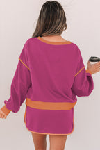 Color Contrast Loose Pullover and Lace-up Waist Skort Set