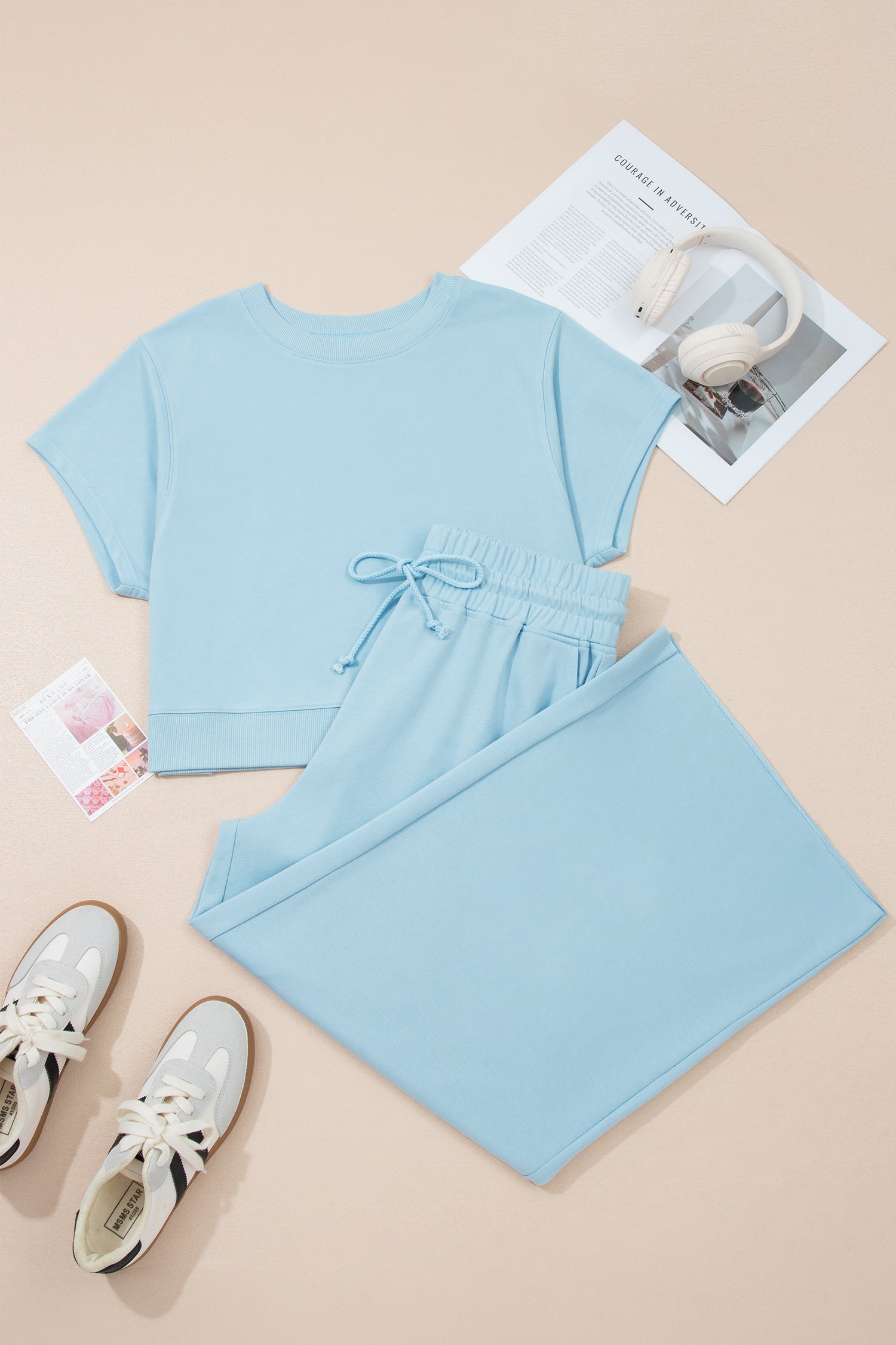 Solid Colour Ribbed Trim Short Sleeve Top Drawstring Loose Pants 2pcs Outfit