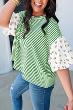 Striped Floral Puff Sleeve Patchwork Round Neck Loose Top