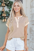 Striped Half Buttons Round Neck T Shirt