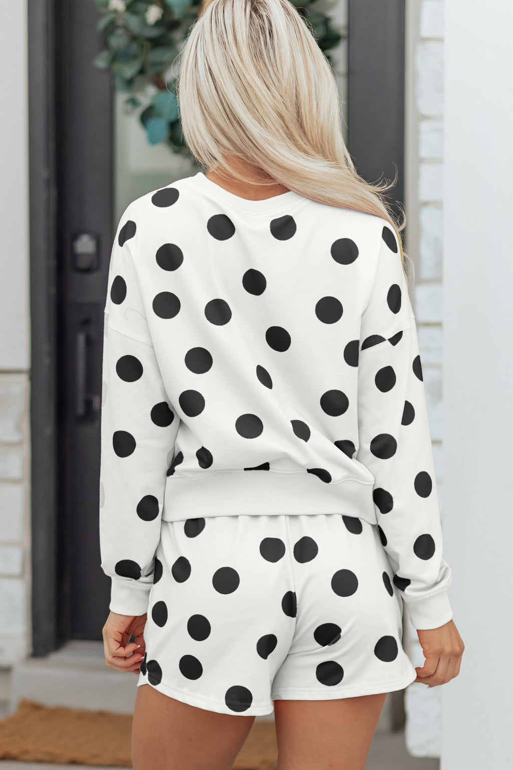 Polka Dot Print Drop Shoulder Pullover Drawstring Shorts Set