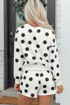 Polka Dot Print Drop Shoulder Pullover Drawstring Shorts Set